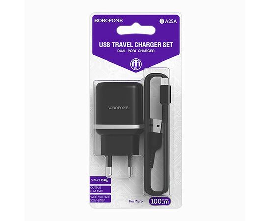 Адаптер Сетевой с кабелем Borofone BA25A Outstanding 2USB/5V/2.4A +micro USB (white) 