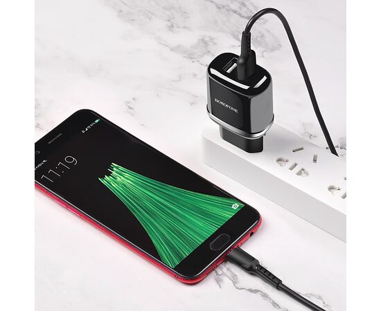  Адаптер Сетевой с кабелем Borofone BA25A Outstanding 2USB/5V/2.4A +micro USB (white) 