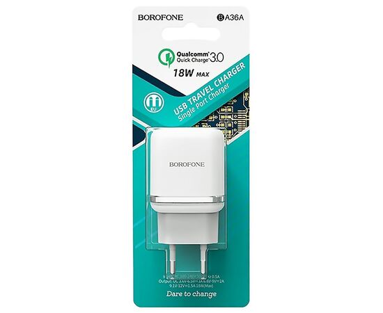  Адаптер Сетевой Borofone BA36A High QC3.0 1USB/5V/3A (white)(124170) 