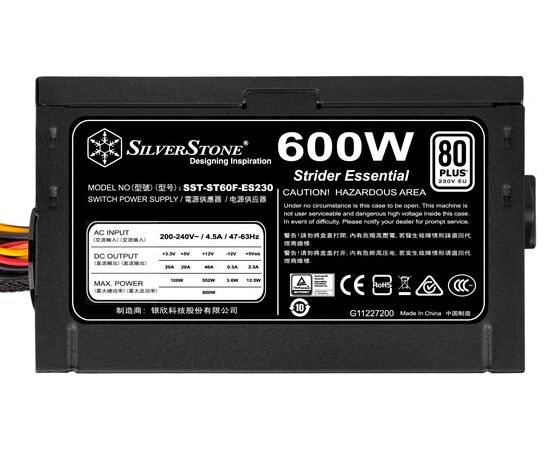  Блок питания Silverstone SST-ST60F-ES230 V1.0 PSU-P217-600W-230V ONLY-ATX-120mmFAN-FIXED C-80PLUS-RoHS-GM 