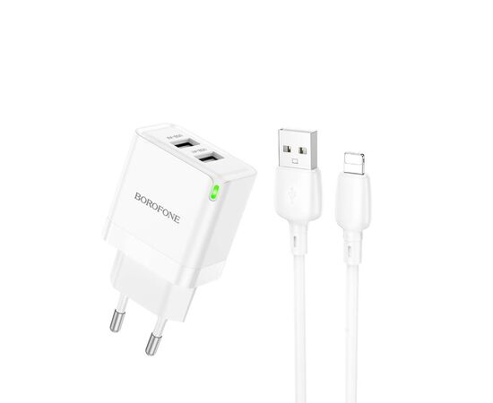  Адаптер Сетевой с кабелем Borofone BN15 Strong 2USB 2,1A/10,5W (USB/Lightning) (white) (225513) 