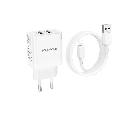  Адаптер Сетевой с кабелем Borofone BN15 Strong 2USB 2,1A/10,5W (USB/Lightning) (white) (225513) 