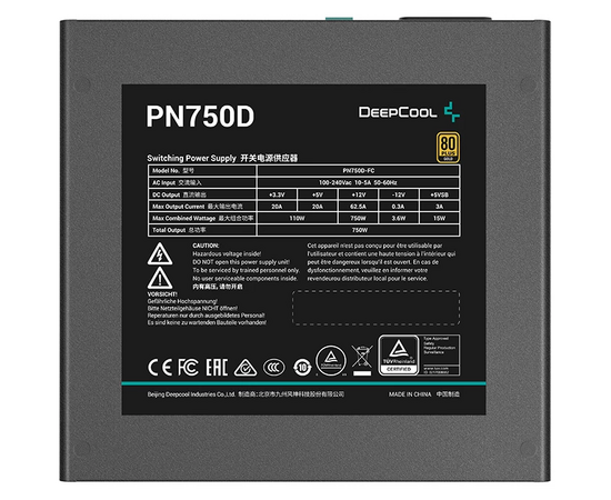  Блок питания Deepcool PN750D (ATX 3.1, 750W, PWM 120mm fan, Active PFC, 80+ Gold, Gen5 PCIe) RET 