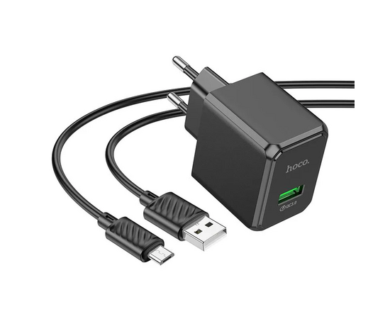  Блок питания сетевой 1 USB HOCO CS12A Ocean, PD18Вт, QC3.0, кабель USB -  микро USB, цвет: чёрный (1/30/180) 