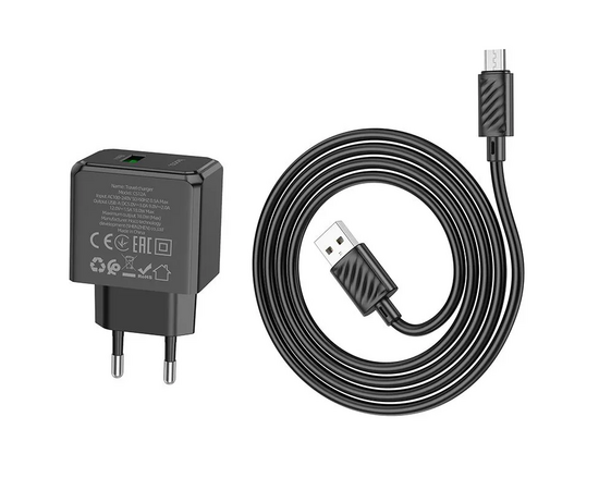  Блок питания сетевой 1 USB HOCO CS12A Ocean, PD18Вт, QC3.0, кабель USB -  микро USB, цвет: чёрный (1/30/180) 