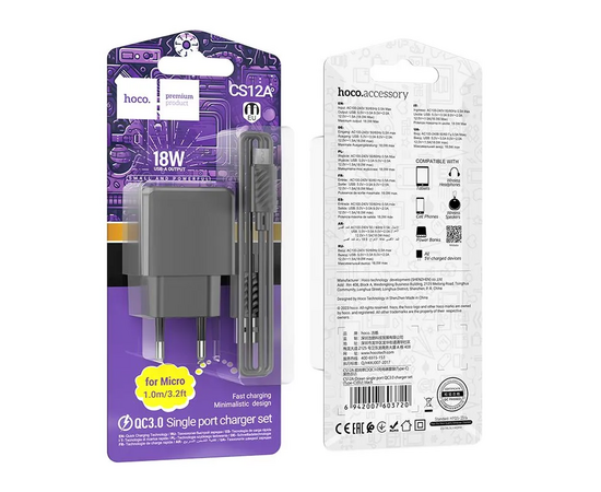  Блок питания сетевой 1 USB HOCO CS12A Ocean, PD18Вт, QC3.0, кабель USB -  микро USB, цвет: чёрный (1/30/180) 