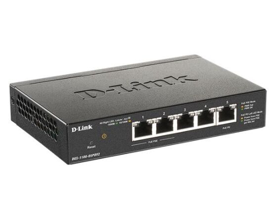  Коммутатор D-Link DGS-1100-05PDV2/A1A, with 4 ports 10/100/1000Base-T and 1 port 10/100/1000Base-T PD (2 PoE ports 802.3af (15,4 W) 