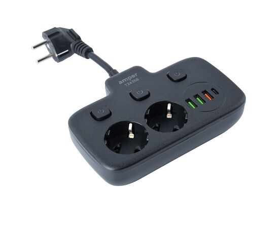  Сетевой удлинитель,  Amper 0,2м, 2 розетки, 3*0,75мм, 10А, 2500 Вт, 3usb, 1Type-C, 3кн, черный. 
