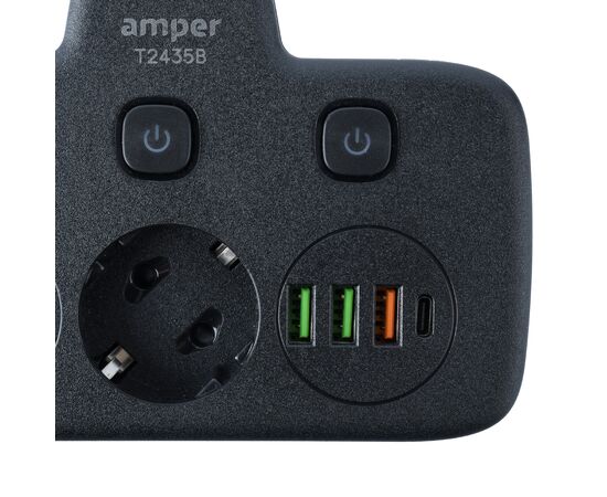  Сетевой удлинитель,  Amper 0,2м, 2 розетки, 3*0,75мм, 10А, 2500 Вт, 3usb, 1Type-C, 3кн, черный. 