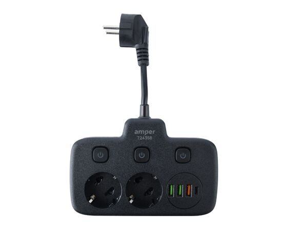  Сетевой удлинитель,  Amper 0,2м, 2 розетки, 3*0,75мм, 10А, 2500 Вт, 3usb, 1Type-C, 3кн, черный. 