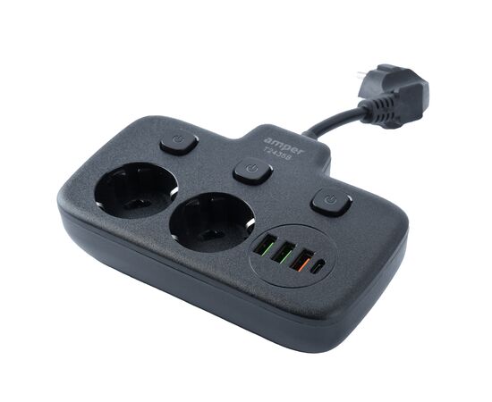 Сетевой удлинитель,  Amper 0,2м, 2 розетки, 3*0,75мм, 10А, 2500 Вт, 3usb, 1Type-C, 3кн, черный. 