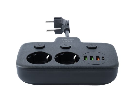  Сетевой удлинитель,  Amper 0,2м, 2 розетки, 3*0,75мм, 10А, 2500 Вт, 3usb, 1Type-C, 3кн, черный. 
