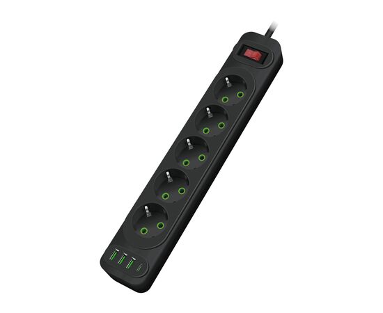  Amper сетевой удлинитель, 2,0м, 5 розеток, 10А, 2500 Вт, 3usb,1Type-C, черный. 