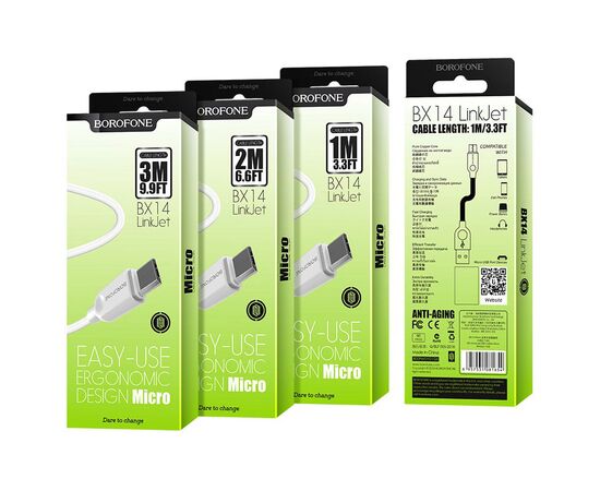  Дата-кабель USB 2.0A для micro USB Borofone BX14 ПВХ 1м (White) 
