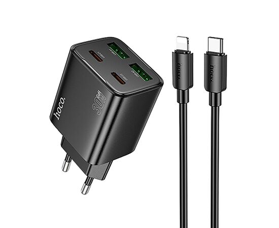  Адаптер Сетевой с кабелем Hoco N56 2Type-C/2USB 3A/30W (Type-C/Lightning) (black) (236335) 