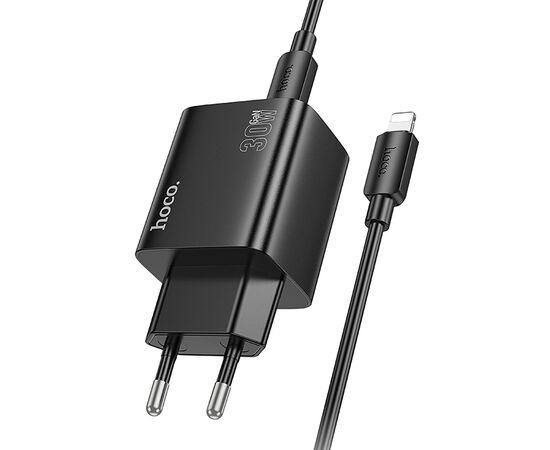  Адаптер Сетевой с кабелем Hoco N56 2Type-C/2USB 3A/30W (Type-C/Lightning) (black) (236335) 