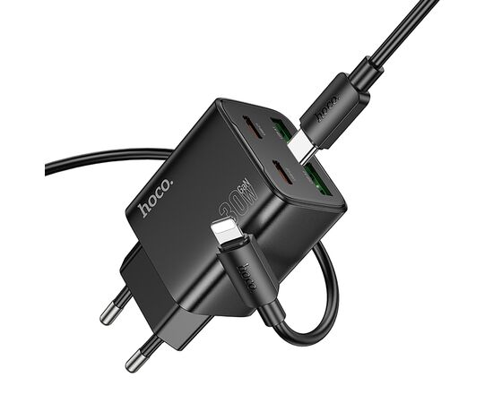  Адаптер Сетевой с кабелем Hoco N56 2Type-C/2USB 3A/30W (Type-C/Lightning) (black) (236335) 