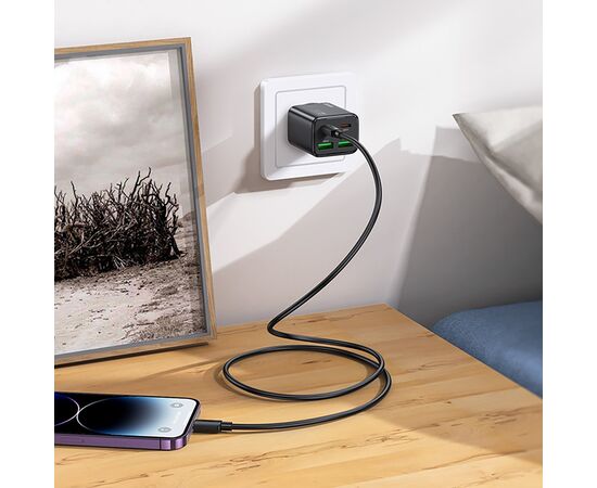  Адаптер Сетевой с кабелем Hoco N56 2Type-C/2USB 3A/30W (Type-C/Lightning) (black) (236335) 