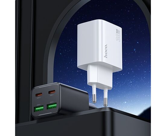  Адаптер Сетевой с кабелем Hoco N56 2Type-C/2USB 3A/30W (Type-C/Lightning) (black) (236335) 