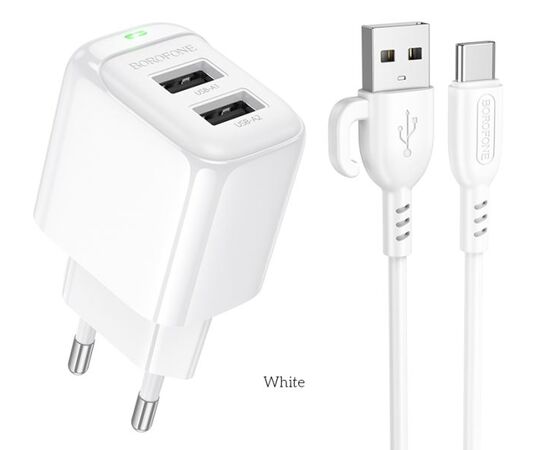  BOROFONE BAS41A/ Сетевое ЗУ + Кабель Type-C 1m/ 2 USB/ Выход: 12W/ White 