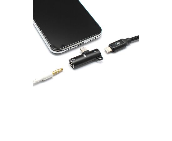  Адаптер USB Lightning(M) на Jack 3.5 мм(F)+Lightning(F) чёрный, блистер 
